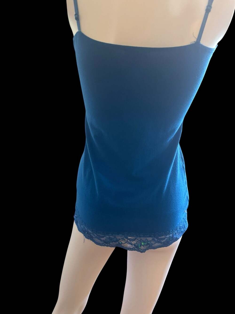 Y2K DEB Jr wmns LONG CAMI TANK Lace and sequins Trim BLUE Adj Straps Size M - Picture 2 of 3